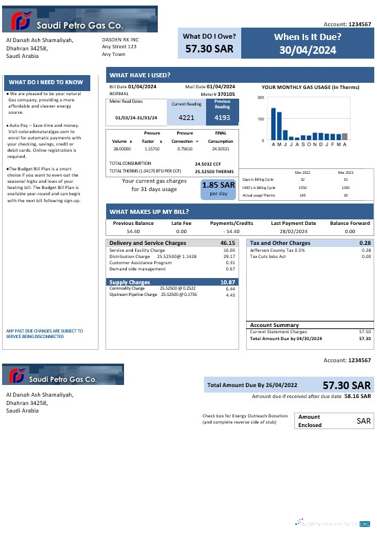 Download Saudi Arabia Saudi Petro Gas business utility bill, Word and PDF template Photoshop template
